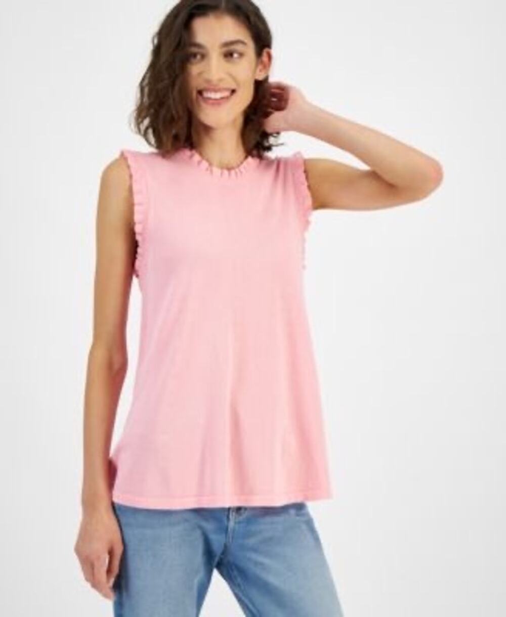 TOMMY HILFIGER Sweater Women’s Large Sleeveless Ruffled Trim Heart Logo Pink NEW